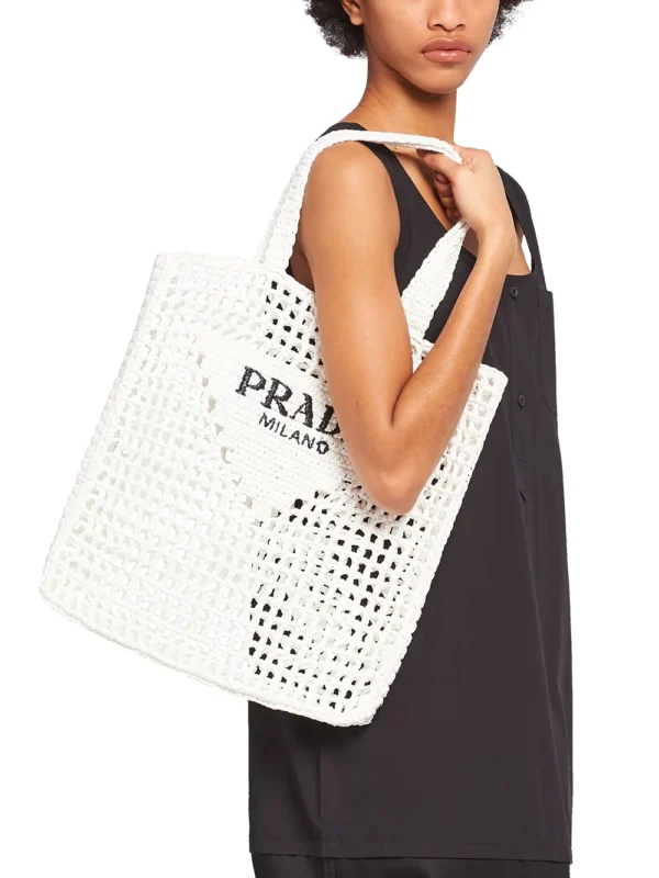 Logo-print raffia tote bag